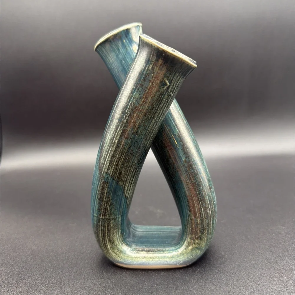 Vintage Handmade Signed Studio Art Pottery Double Bud Vase Blue Glaze Ikebana